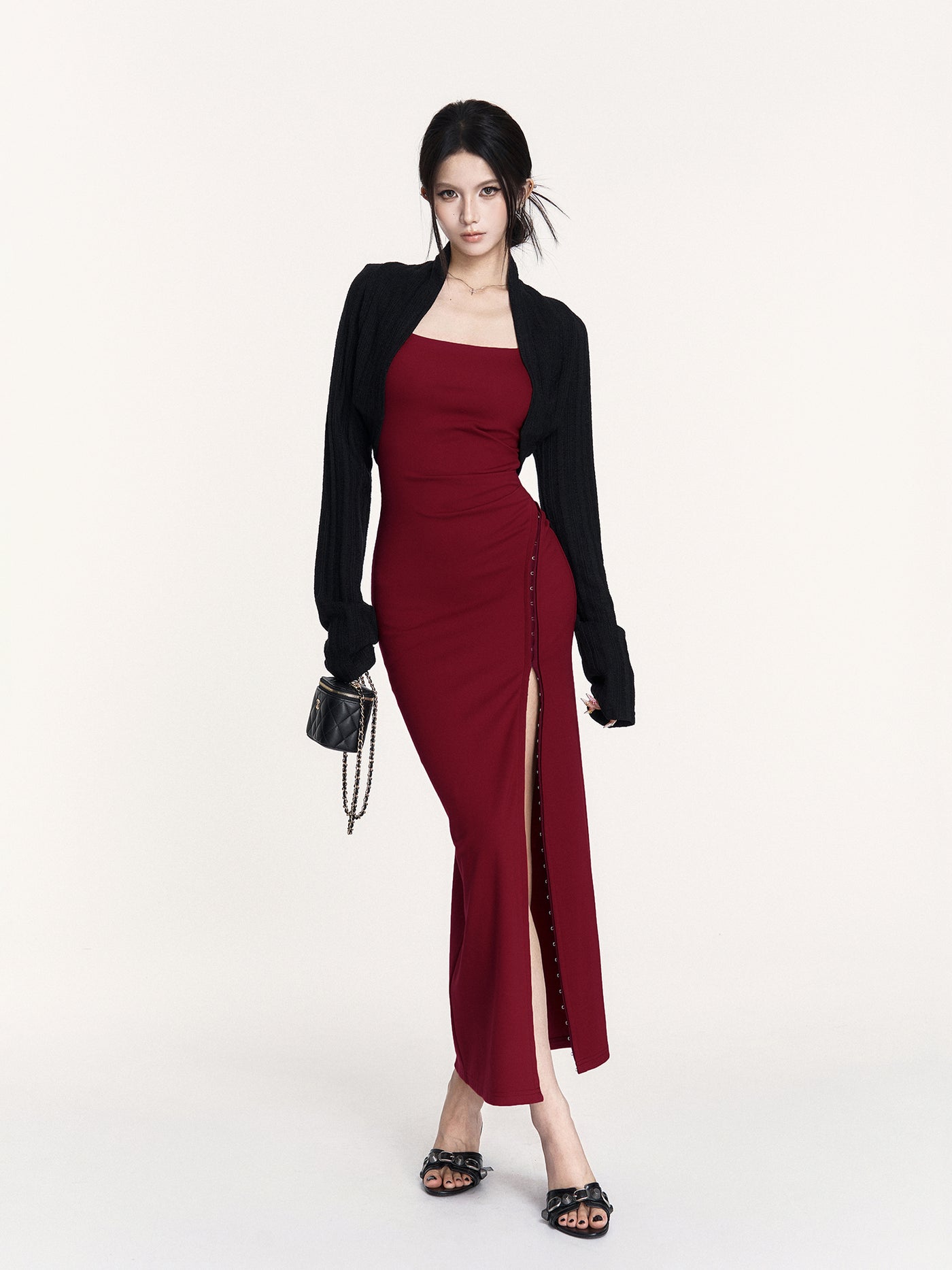 Red Waist Slit Square Collar Dress VOC0428