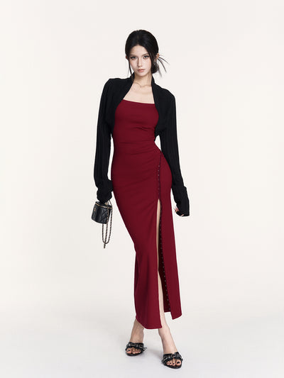 Red Waist Slit Square Collar Dress VOC0428