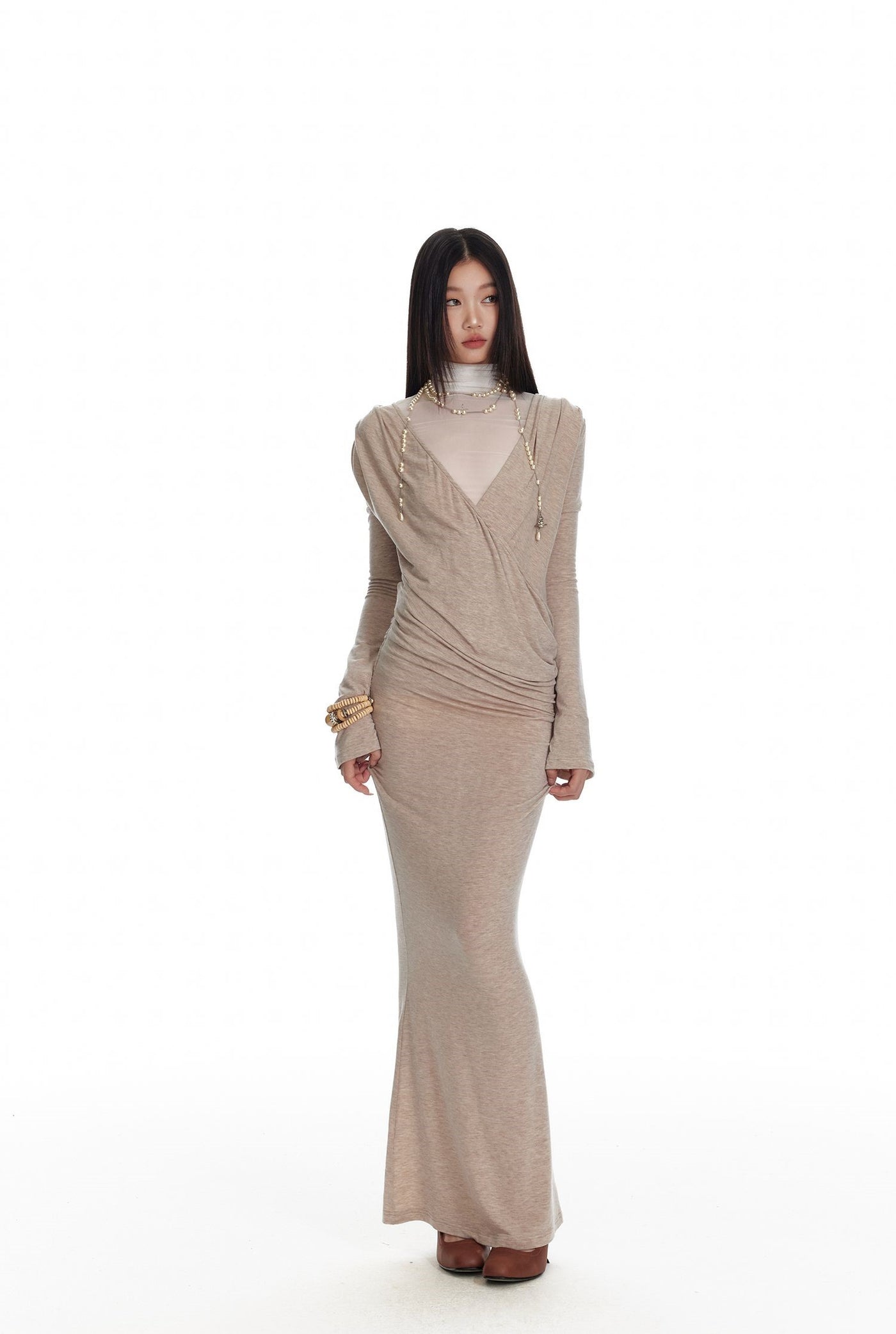 Greek style Asymmetric Drape Deep V-neck Knitted Dress/Mesh Top 4MU0079