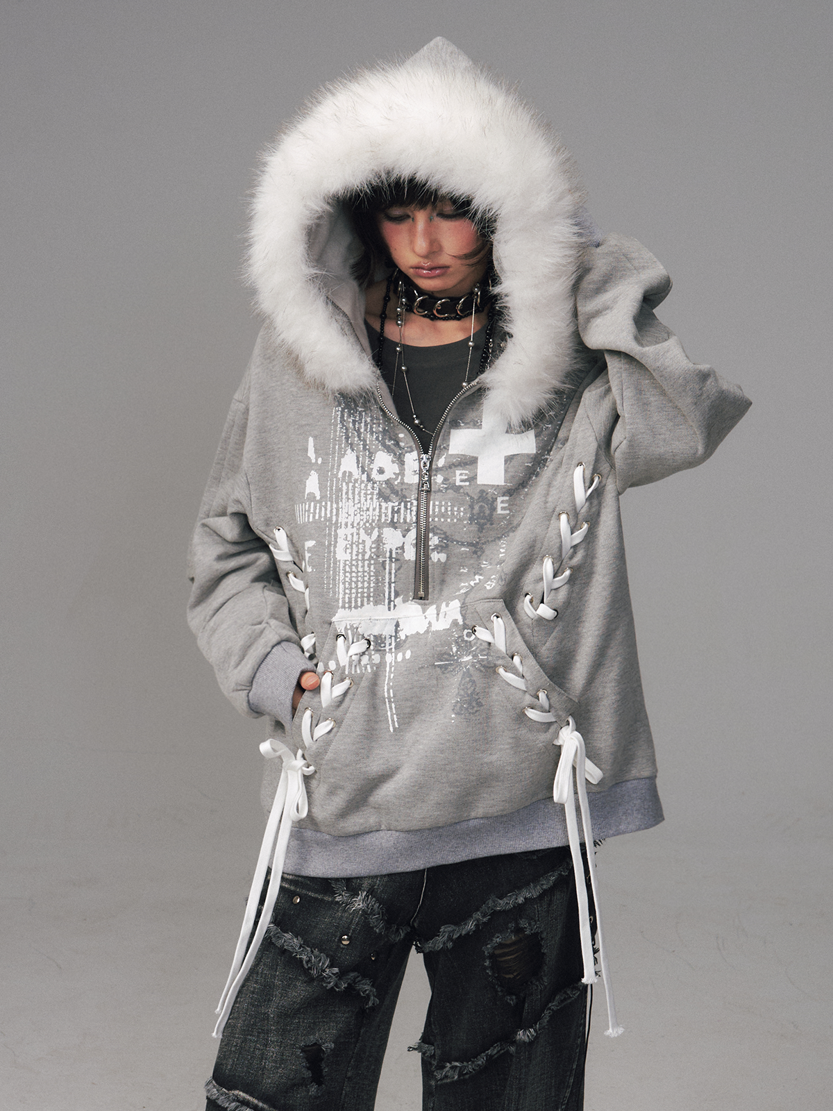 Print Half-Open Zipper Hooded Sweatshirt FRU0125