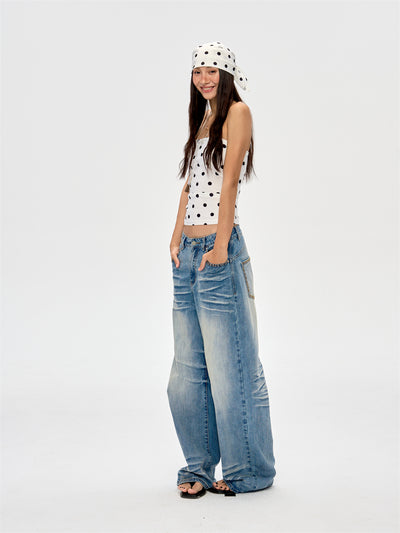 Washed Blue Drape Wide-leg Jeans CUR0216
