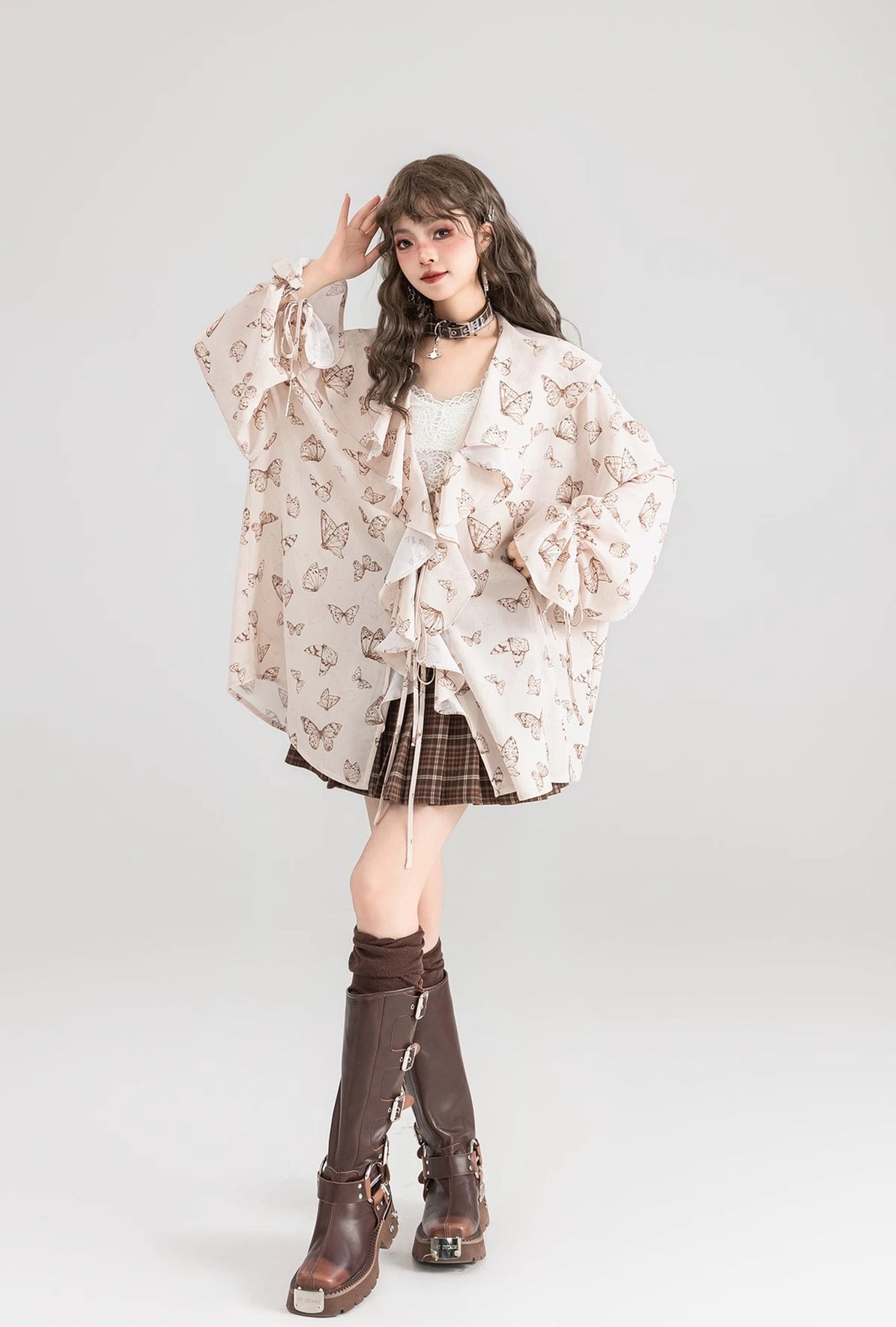 Butterfly Print Loose Lace Large Ruffled Chiffon Shirt/Plaid Skirt KEI0059