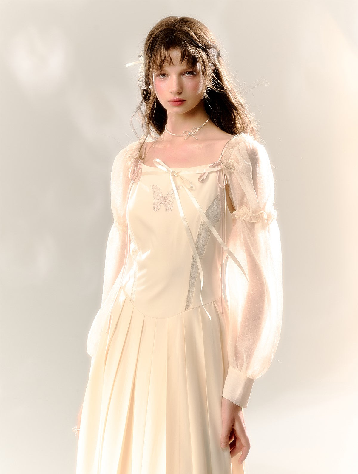 Beige Butterfly Lace Embroidery Suspenders Pleated Dress SUN0069