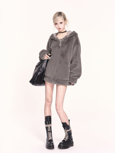 Lazy Style Plush Ribbon Design Hooded Jacket VOC0481