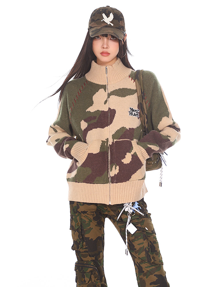 Retro Street Camouflage Knitted Zipper Jacket UNC0167