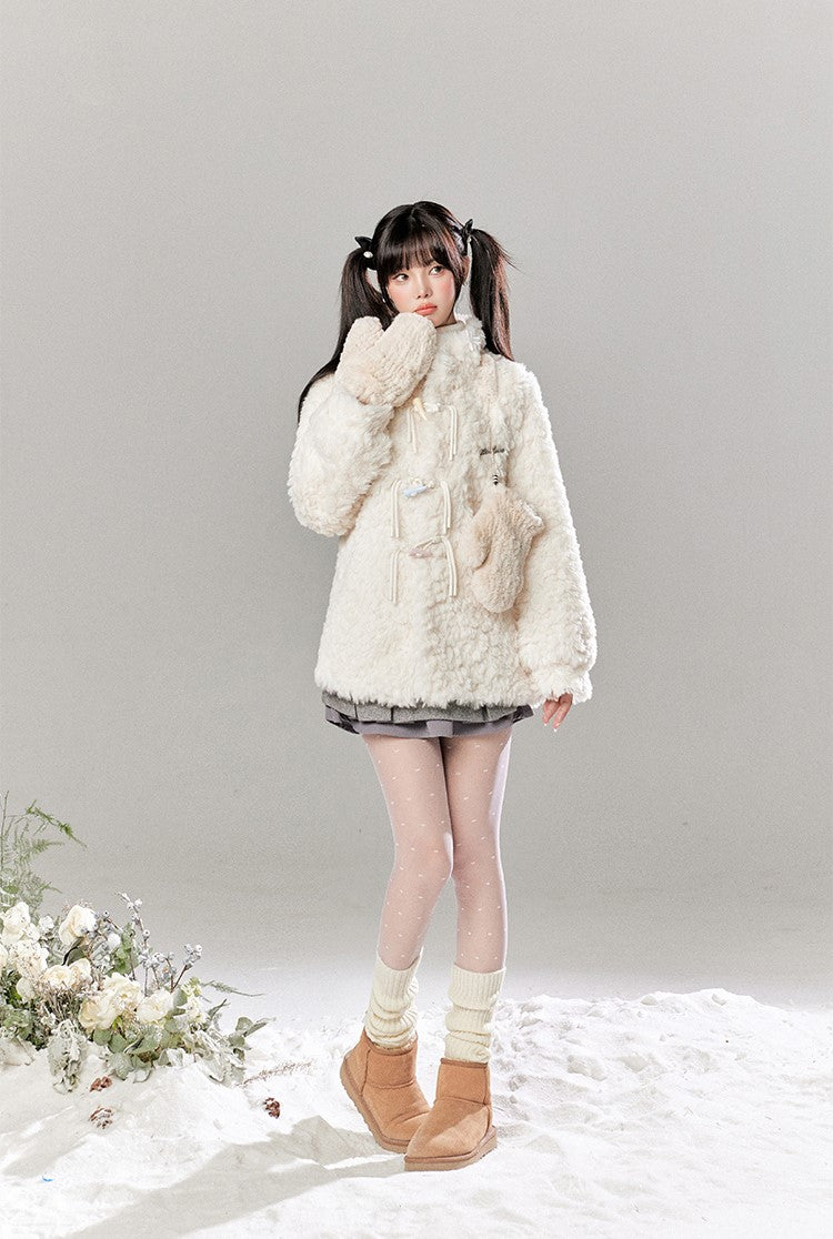 Colorful Horn Button Furry Lambswool Coat/Pleated Skirt TBI0043