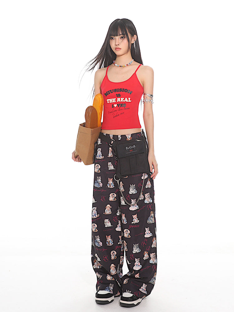 Cat Letter Floral Loose Straight Casual Pants UNC0125