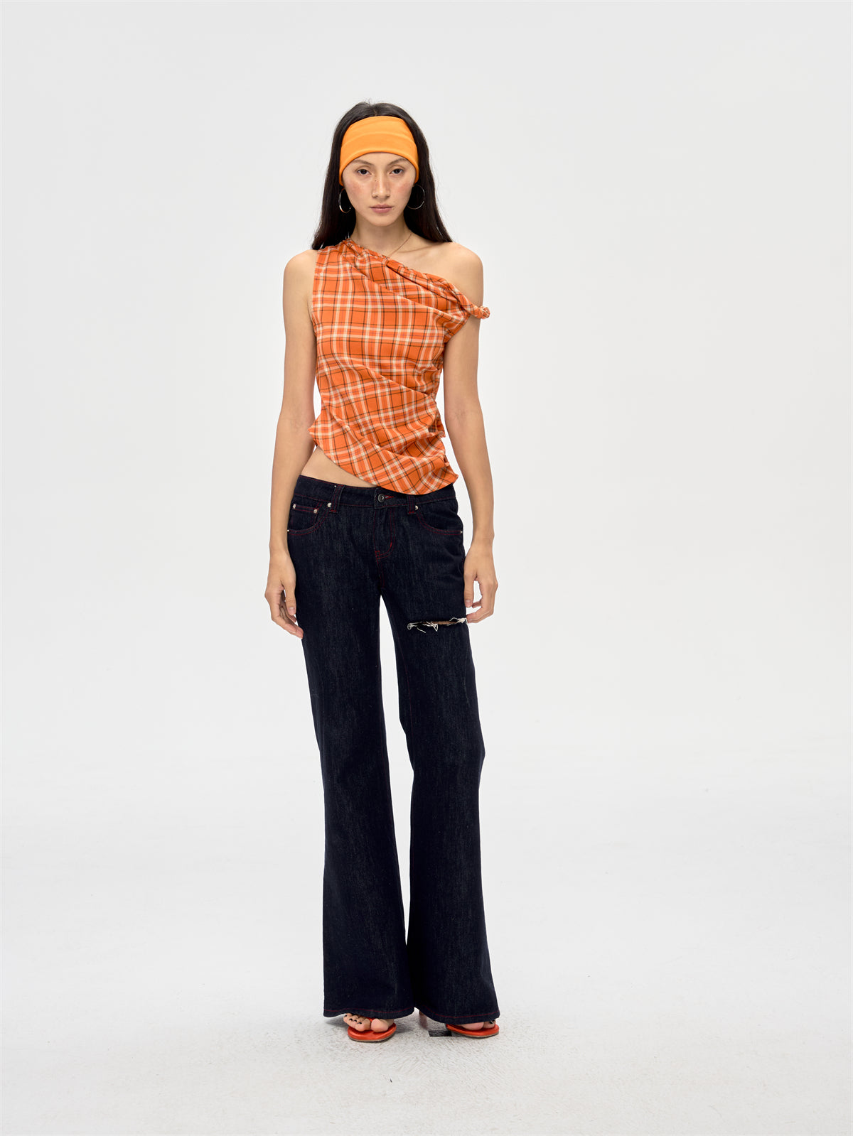 Retro Off-shoulder Plaid Top CUR0208