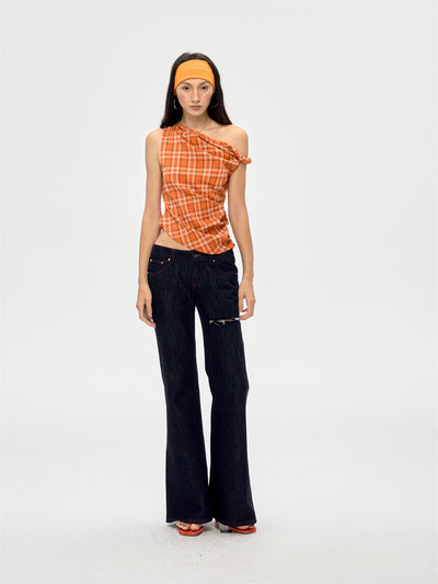 Retro Off-shoulder Plaid Top CUR0208