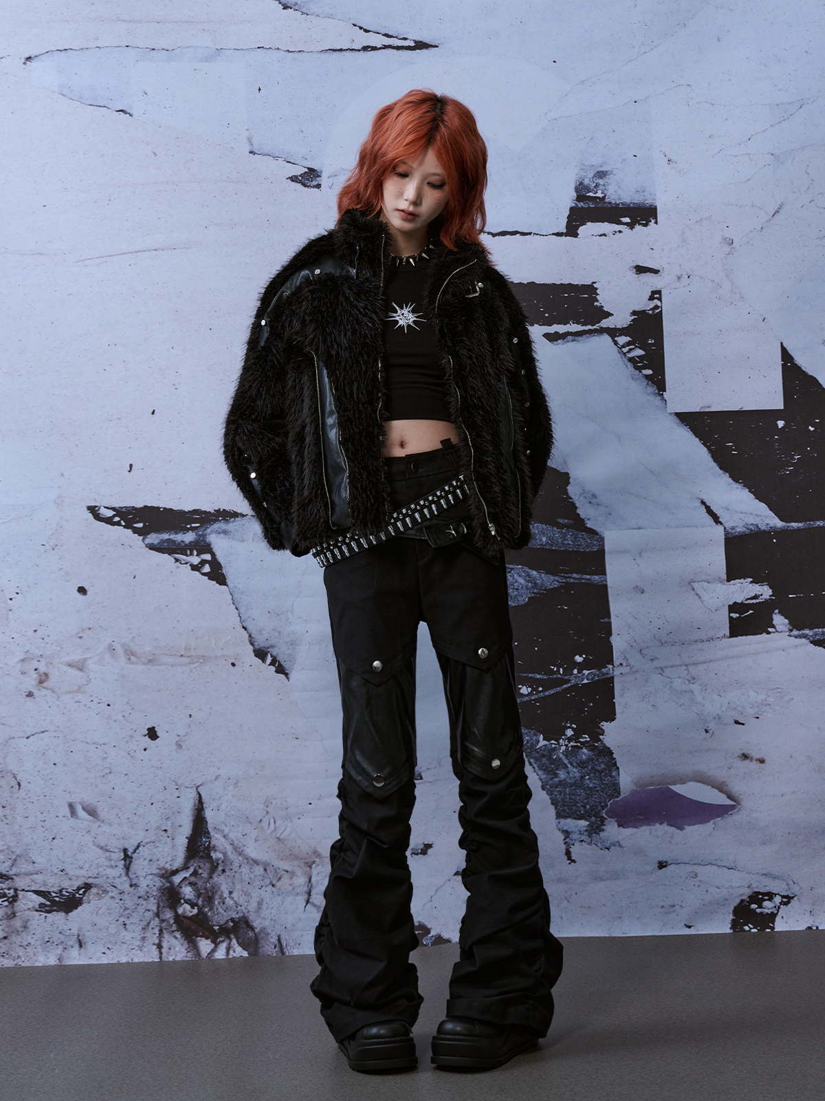 Patchwork Street Metal Punk Rivet Fur Jacket FRU0043