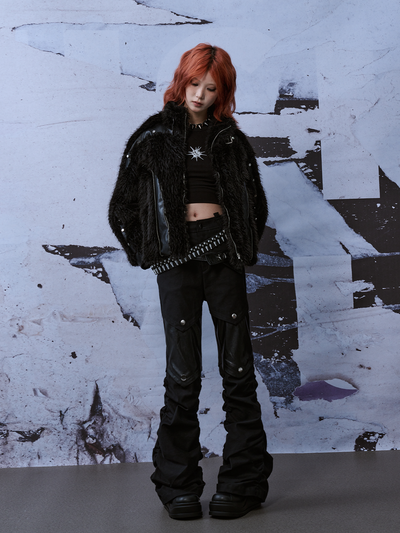 Patchwork Street Metal Punk Rivet Fur Jacket FRU0043