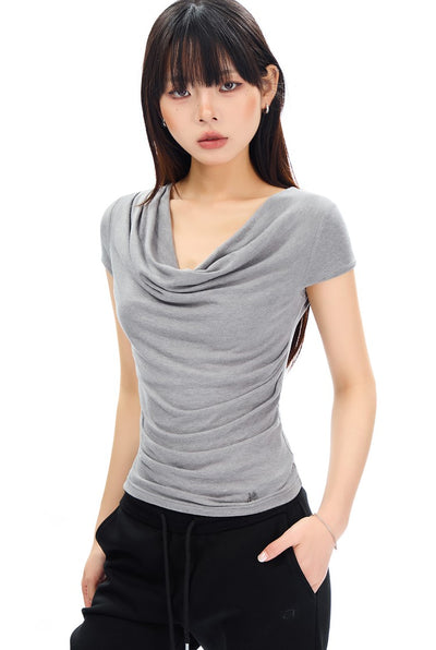 Swing Collar Waist Pleated Short Sleeve T-shirt APE0307