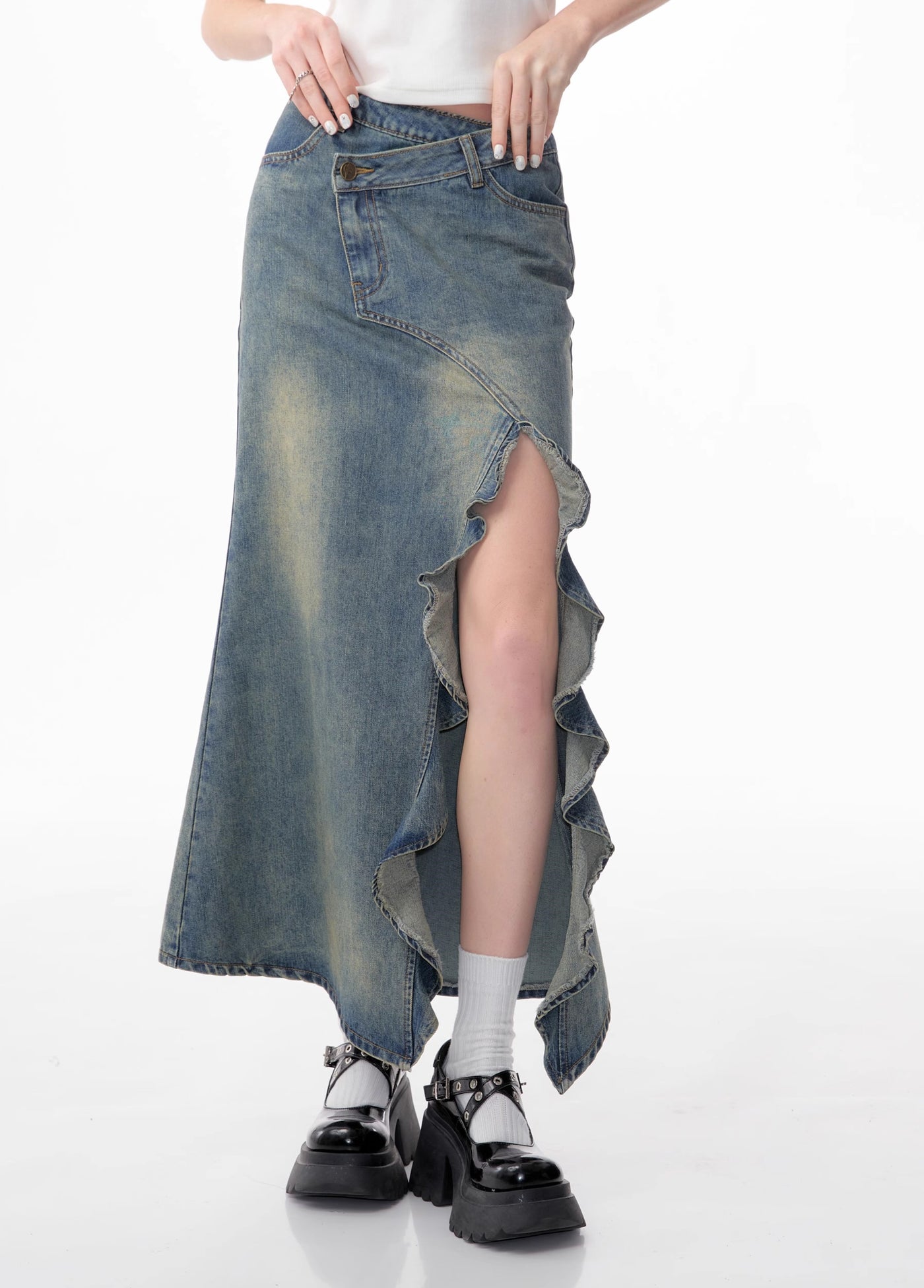 American Retro High Waist Slim Mid-length Split Denim Skirt ZIZ0082