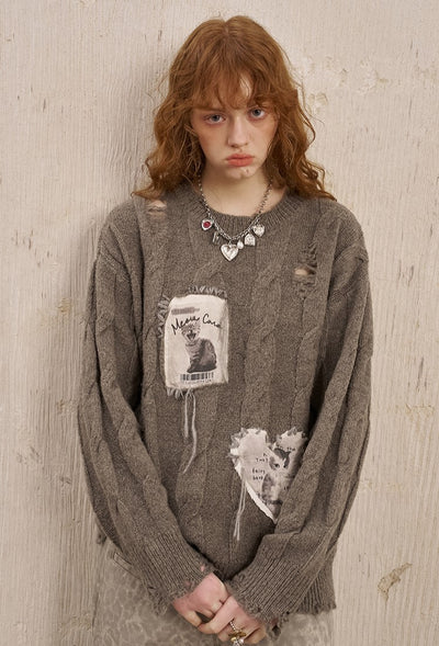 Appliqued Kitten Hollow Cable Sweater DID0235