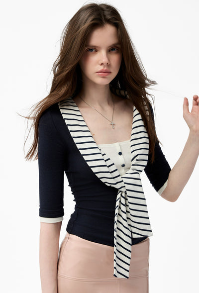 Striped Henley Collar Faux Two-Piece T-shirt 4MU0152
