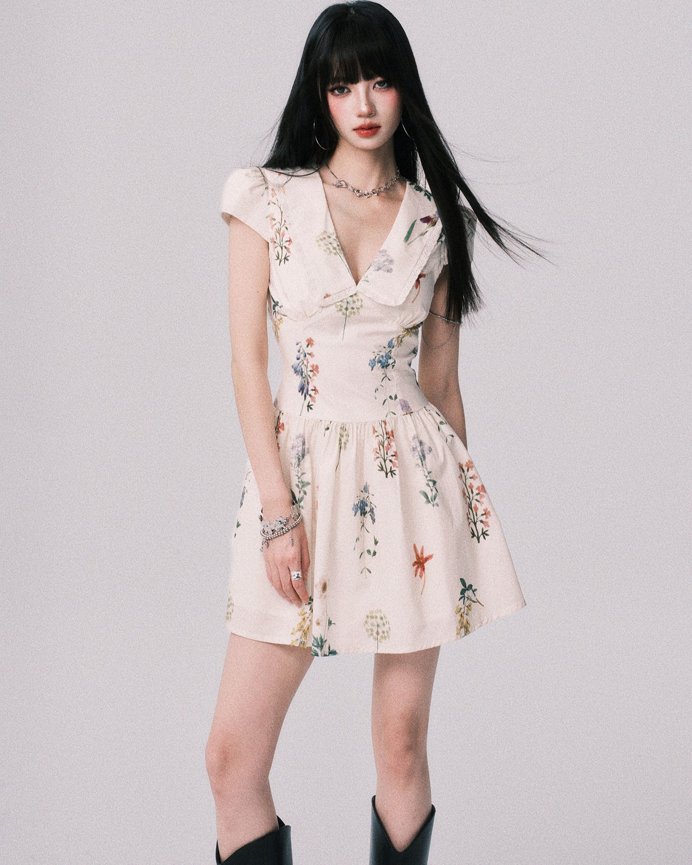 Plant Print French Doll Collar Dress LUL0157