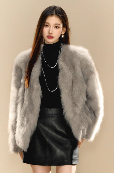 High-grade Gray Fur V-neck Short Coat OSH0085