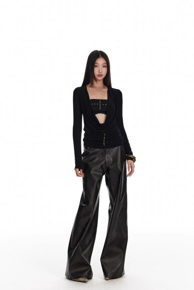 Black Low Waist Slim Wide Leg Straight Leather Pants 4MU0069