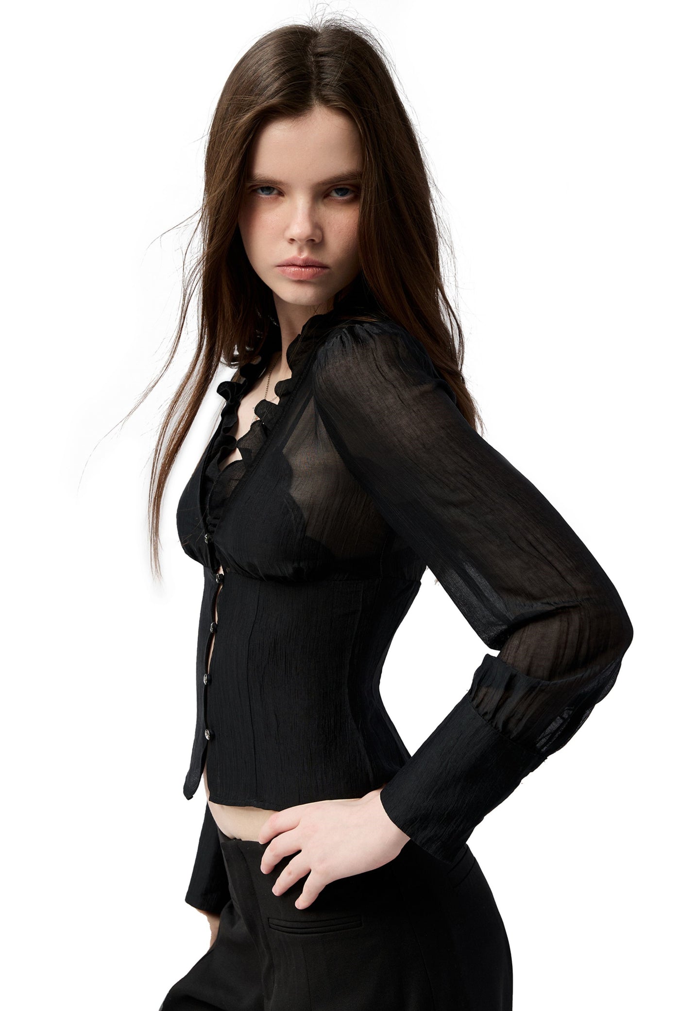 Ruffled V-neck Shirt/Lace-up Vest 4MU0150