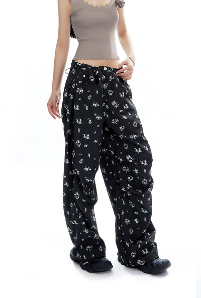 Floral Drawstring Loose Straight Versatile Wide-leg Pants APE0314