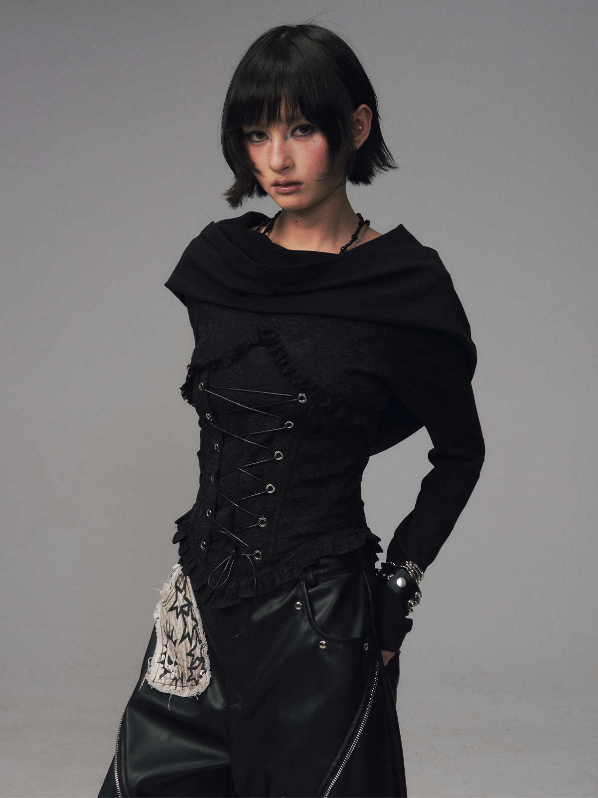 Dark Collar Hooded Patchwork Jacquard Top FRU0121