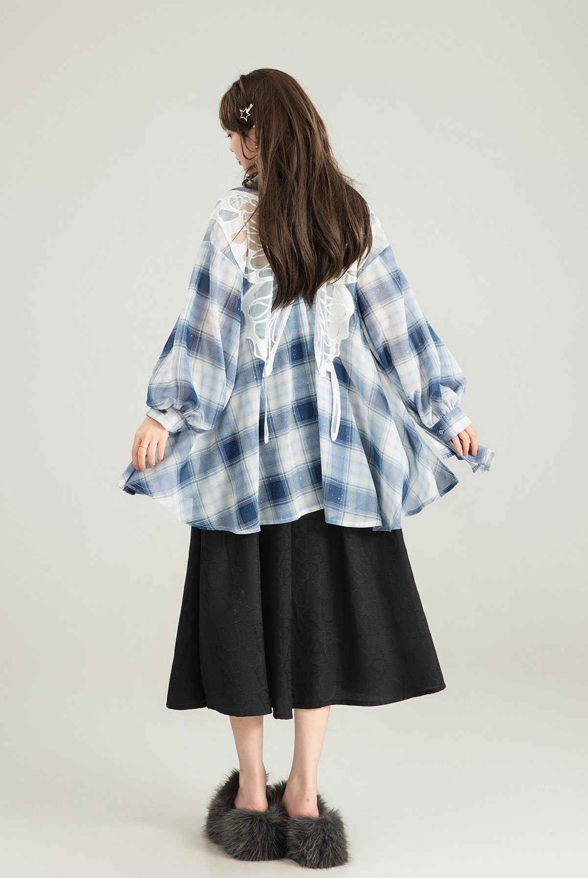 Butterfly Embroidered Plaid Long-sleeved Shirt KEI0128