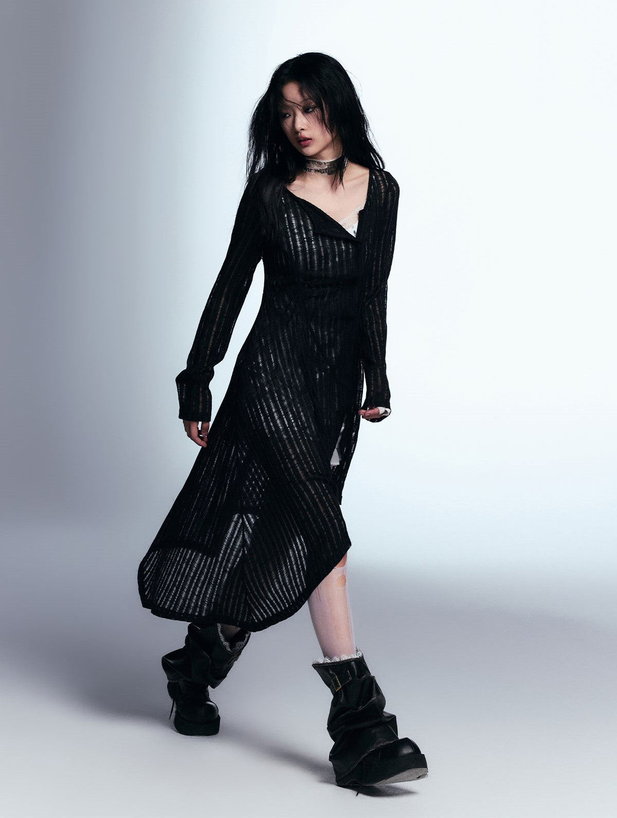 Black Hollow Striped Knitted Long Cardigan CES0059
