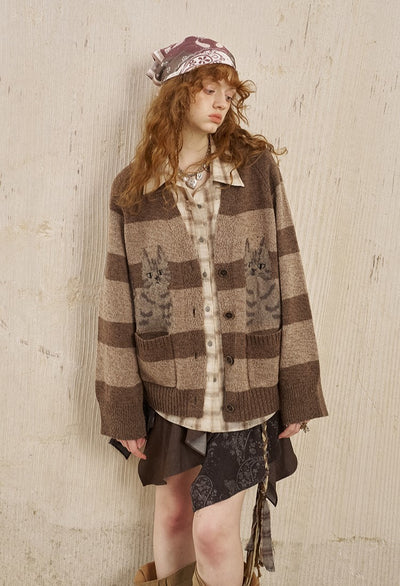 Symmetrical Kitten Striped Knitted Cardigan DID0228