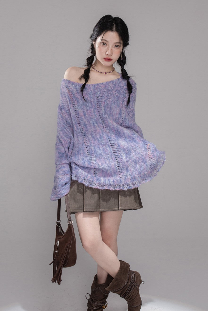 Purple Flower One Shoulder Sweater COT0363