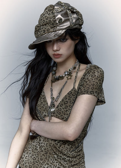 Punk Leopard Print Stitching Rivet Beret NOR0073