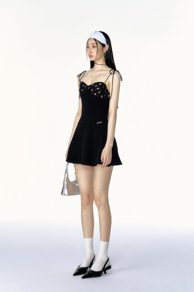 Black Waist Slim Patchwork Floral Dress CUR0099