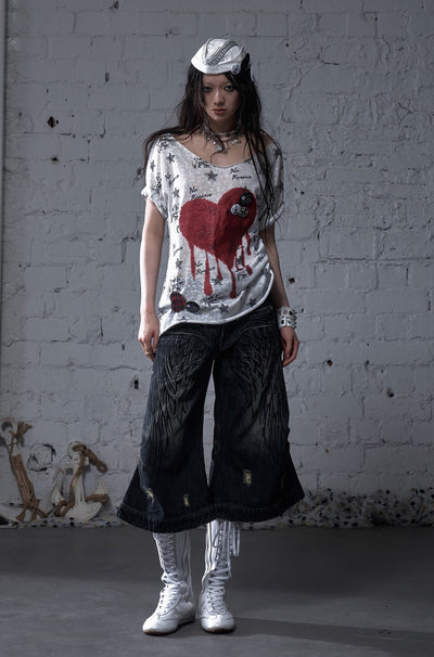 Casual Print Large Neckline Loose T-shirt NOR0176
