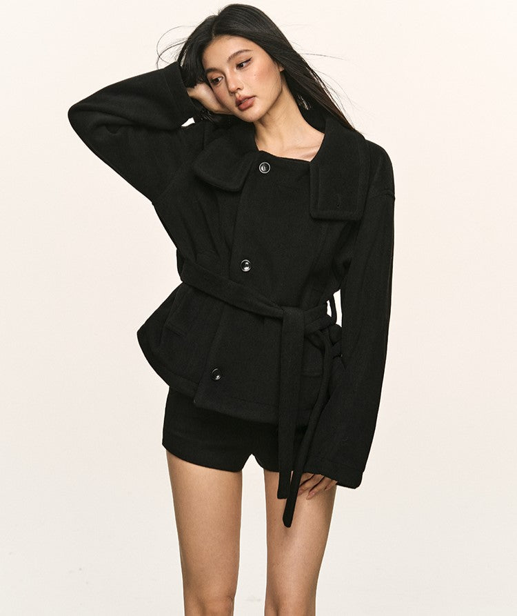 High-End Stand Collar Tie-Wrap Short Coat ANA0095