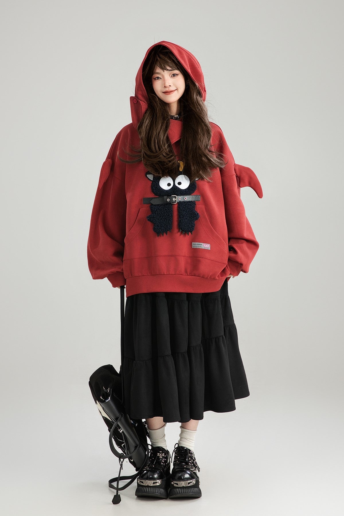 Cartoon Embroidered Lazy Style Loose Hoodie/Black Skirt KEI0179