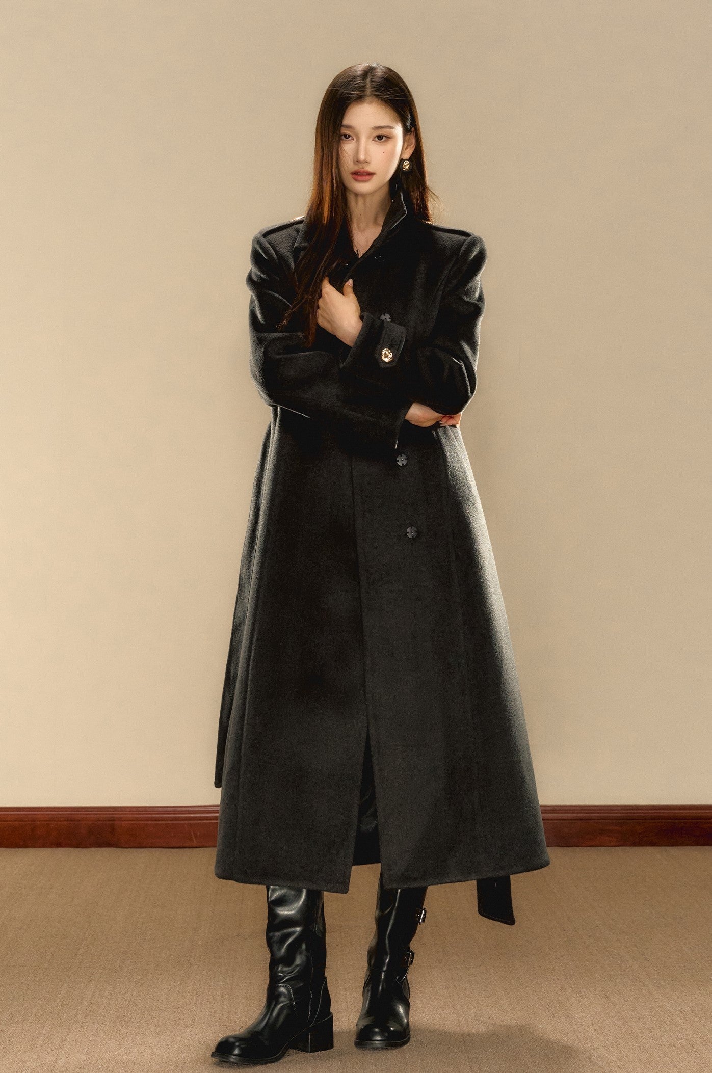 Gray High-grade Pearl Gold Button Long Wool Coat OSH0077