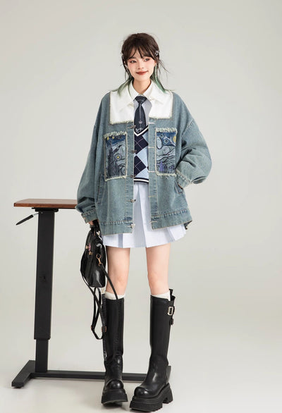 Literary Style Embroidered Denim Casual Jacket/Black Long Skirt KEI0122