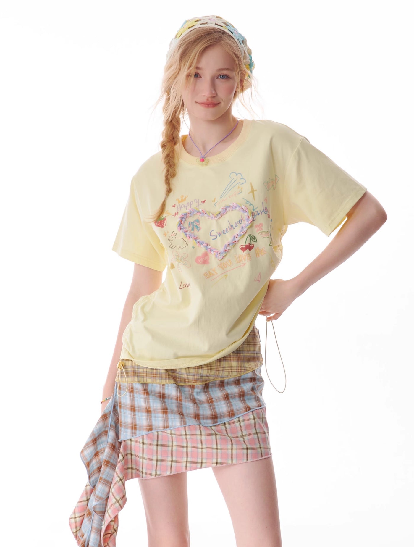 Drawstring Round Neck Three-dimensional Love Print Short-sleeved T-shirt ZIZ0116