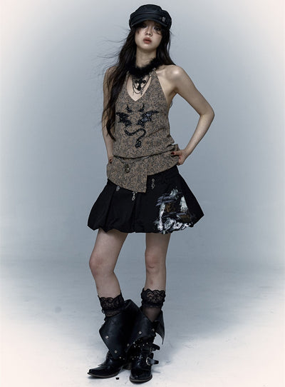 Punk Street Rock Embroidery Leopard Print Halter Vest NOR0067