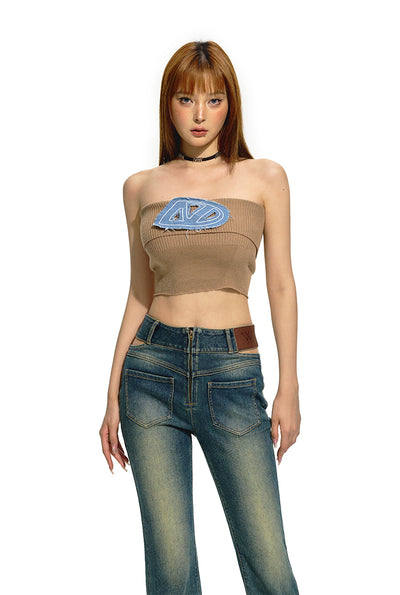 Tight Brushed Silver Denim Embroidered Knit Short Tube Top NOT0193