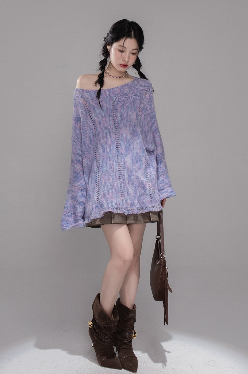 Purple Flower One Shoulder Sweater COT0363