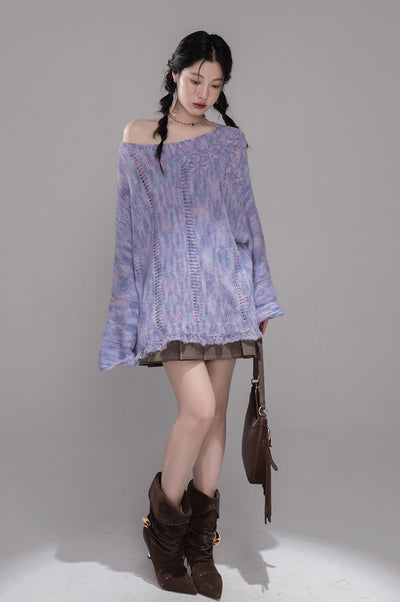 Purple Flower One Shoulder Sweater COT0363