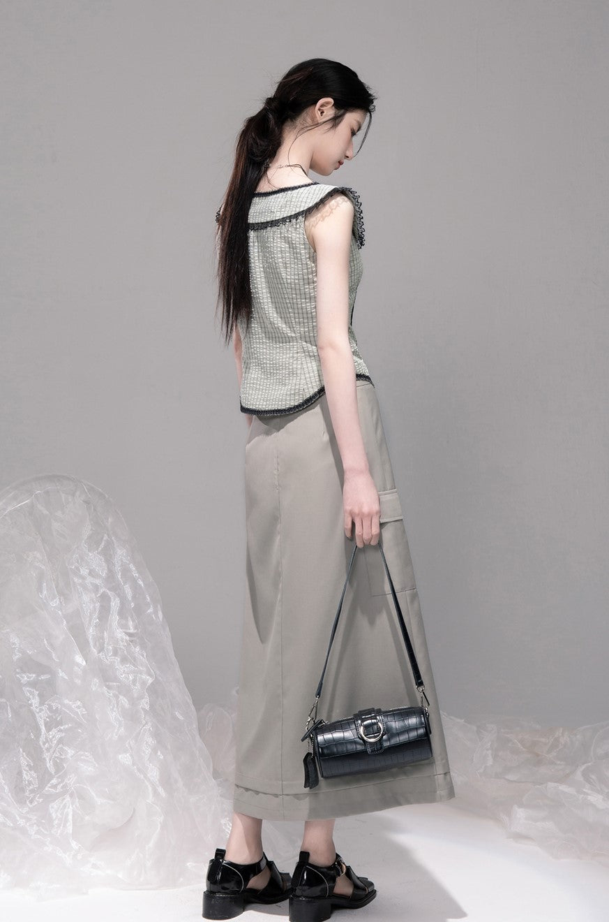 Blue Grey Slit Long Skirt COT0327