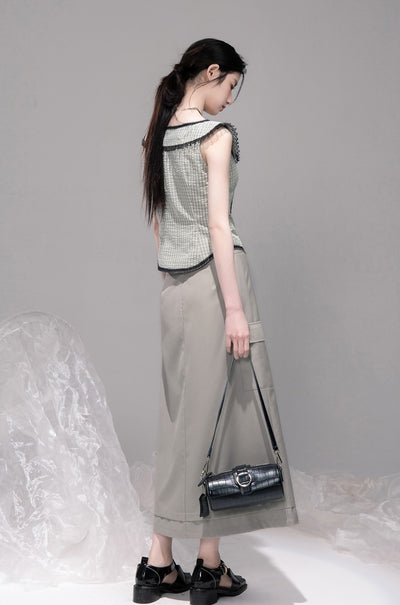 Blue Grey Slit Long Skirt COT0327