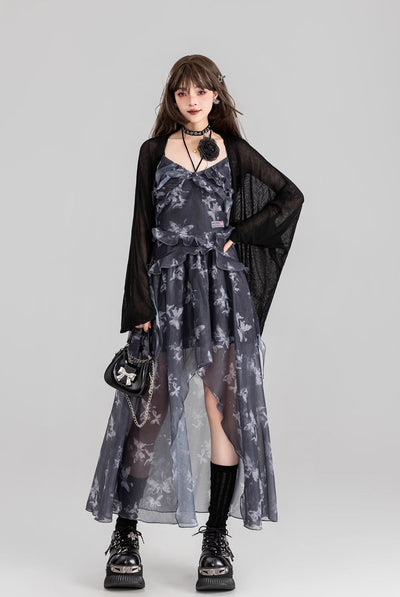 Butterfly Floral Sling Strap Backless Tulle Long Dress/Cardigan KEI0118