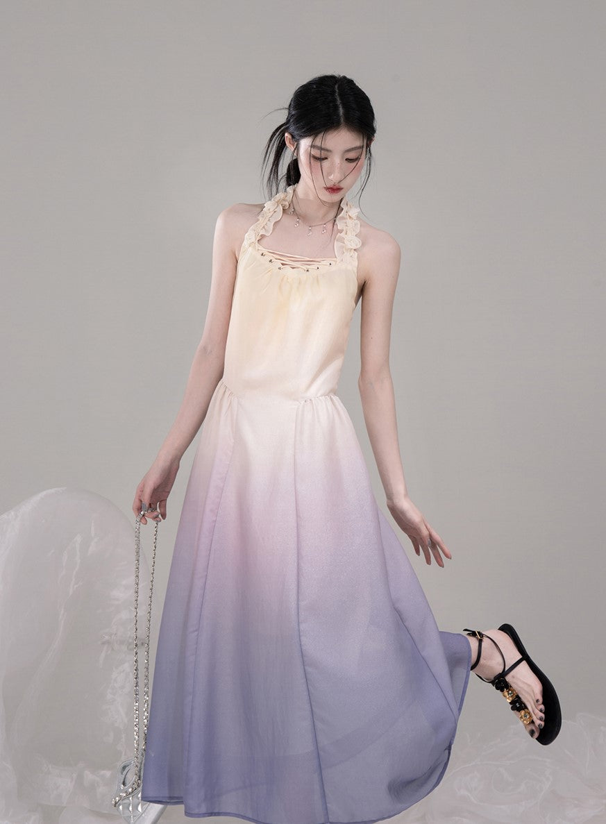 Gradient Purple Halter Sleeveless Dress COT0308