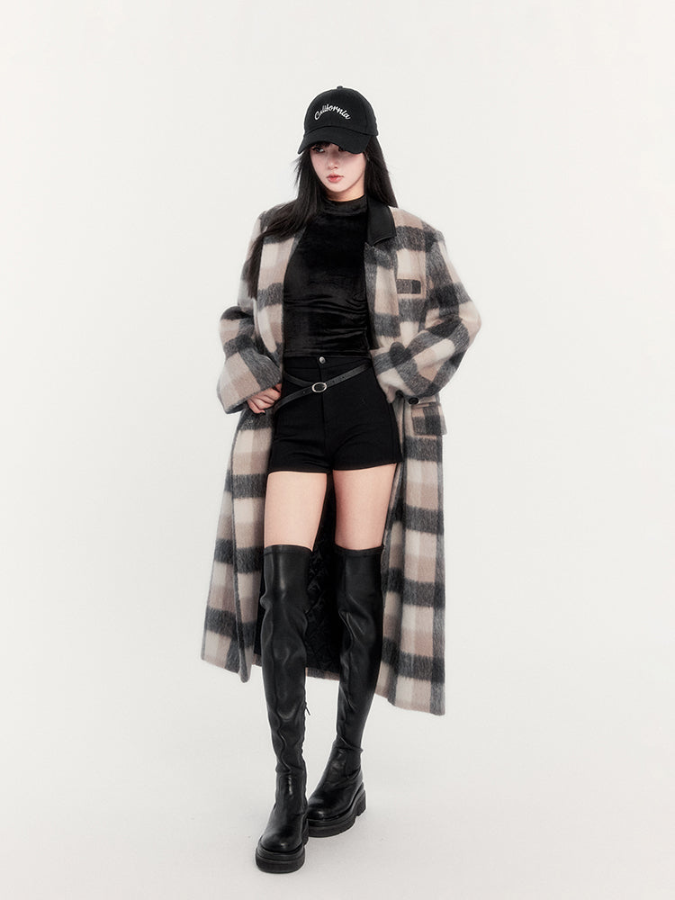 Brown Relaxed Plaid Woolen Long Coat VOC0284