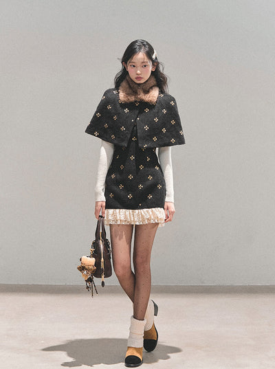 Sequins Design Dress/Detachable Fur Collar Cape DIA0750