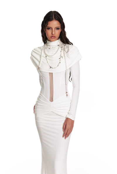 White Church Style Pleated Waist Slim Long Dress/Shawl 4MU0063