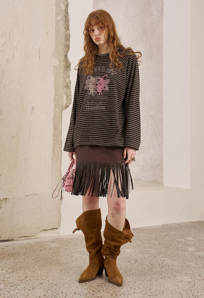 Flower Embroidered Tassel Leather Skirt DID0239