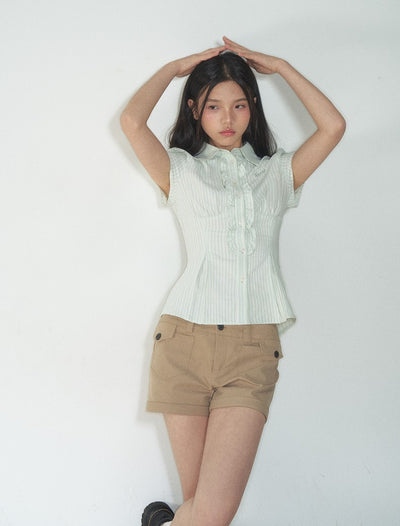 Retro Ruffled Slim Short-sleeved Shirt SOO0017